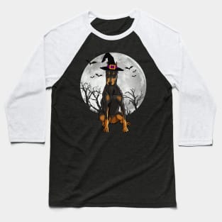 Scary Doberman Pinscher Dog Witch Hat Halloween Baseball T-Shirt